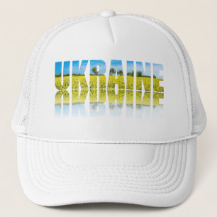 Ukraine label with blue sky and yellow trucker hat