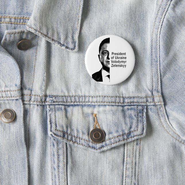 Ukraine President Zelenskyy Half Portrait B&W 6 Cm Round Badge (In Situ)
