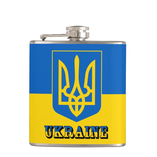Ukraine, Tryzub, Ukrainian Flag / Coat of Arms Hip Flask (Front)