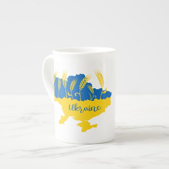 Ukraine typography and wheat ear on Ukrainian flag Bone China Mug (Front Left)