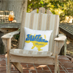 Ukraine typography and wheat ear on Ukrainian flag Cushion