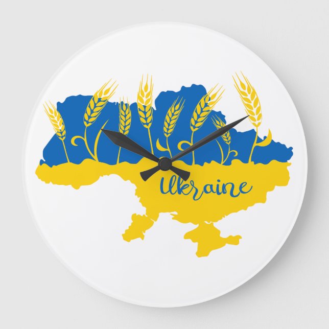 Ukraine typography and wheat ear on Ukrainian flag Large Clock (Front)