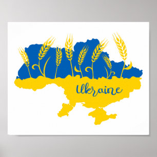 Ukraine typography and wheat ear on Ukrainian flag Poster