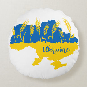 Ukraine typography and wheat ear on Ukrainian flag Round Cushion