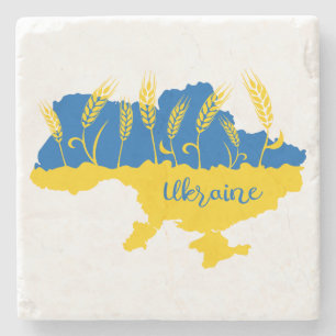 Ukraine typography and wheat ear on Ukrainian flag Stone Coaster