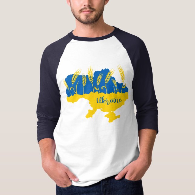 Ukraine typography and wheat ear on Ukrainian flag T-Shirt (Front)