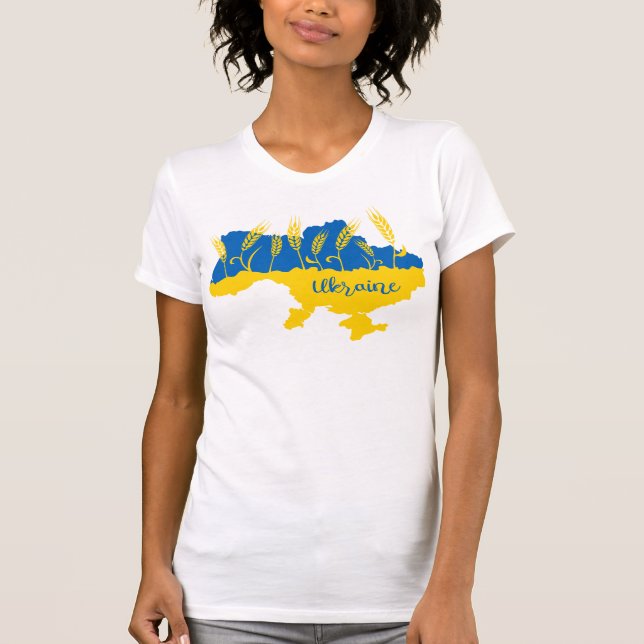 Ukraine typography and wheat ear on Ukrainian flag T-Shirt (Front)