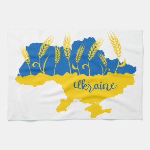 Ukraine typography and wheat ear on Ukrainian flag Tea Towel