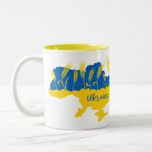 Ukraine typography and wheat ear on Ukrainian flag Two-Tone Coffee Mug