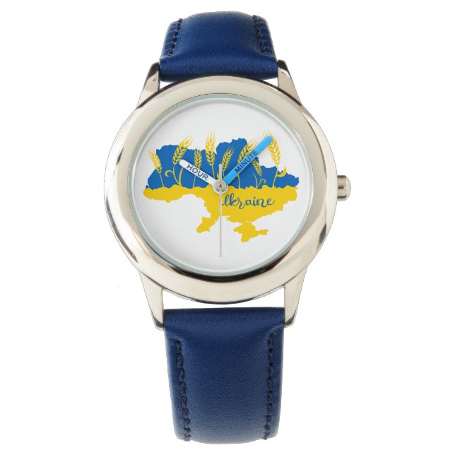 Ukraine typography and wheat ear on Ukrainian flag Watch (Front)