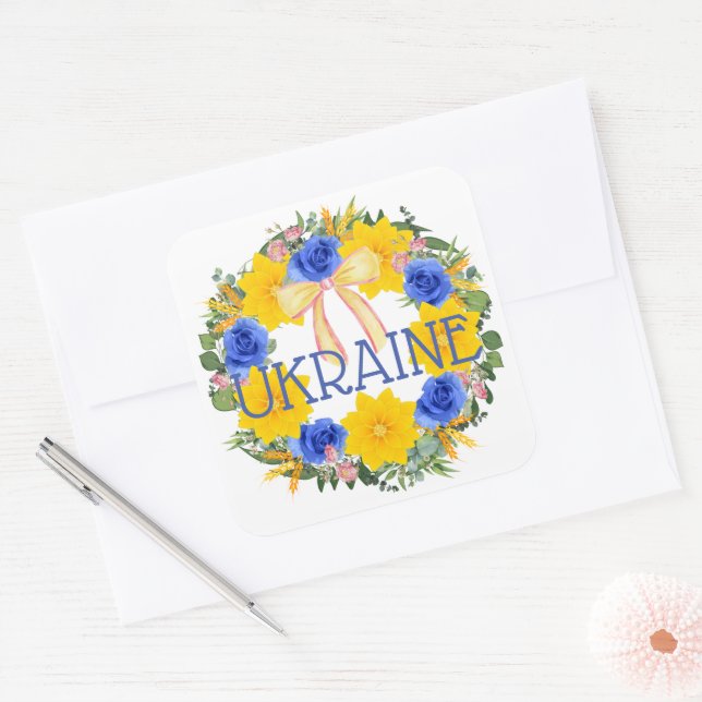 Ukraine Ukrainian Wreath Flowers Faith Hope Square Sticker (Envelope)