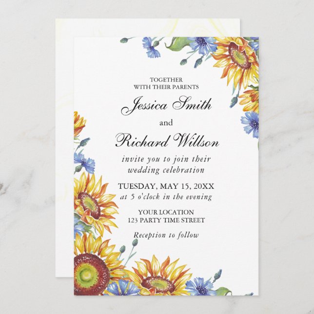 Ukraine Watercolor Wedding Invitation (Front/Back)