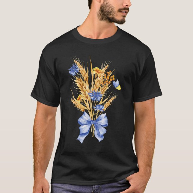 Ukraine Wheat Wildflowers Bouquet Ukrainian Flag  T-Shirt (Front)