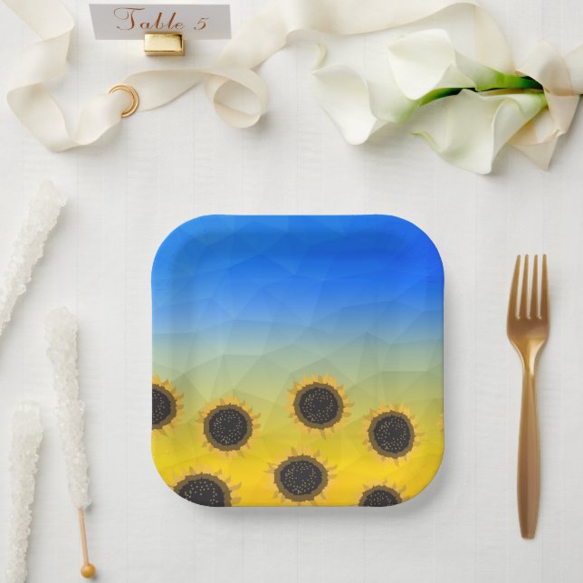 Ukraine yellow blue geometry mesh pattern Flowers Paper Plate (Wedding)