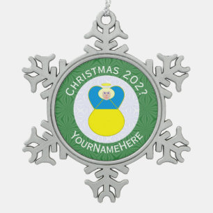 Ukrainian Angel Christmas Flag Personalised Text Snowflake Pewter Christmas Ornament