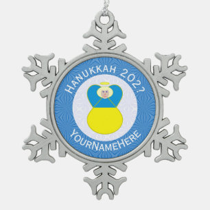Ukrainian Angel Hanukkah Flag Personalised Text  Snowflake Pewter Christmas Ornament