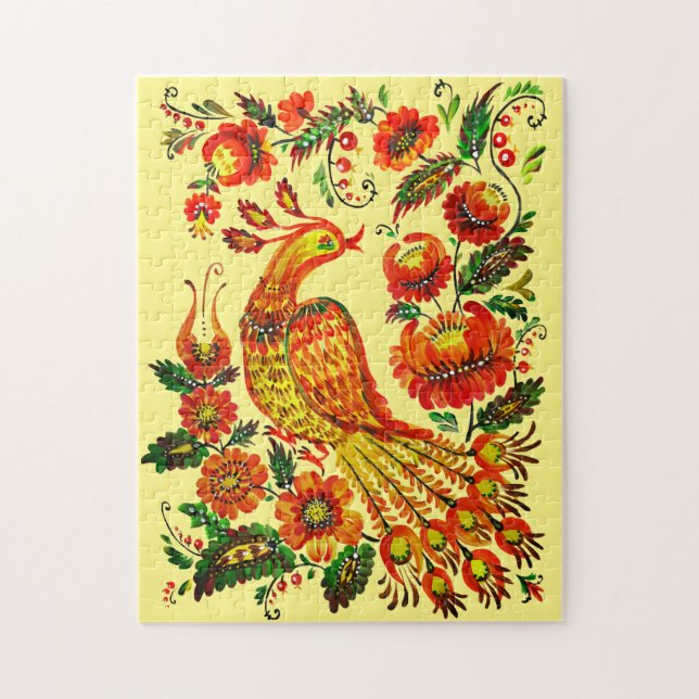 Ukrainian art bird and flowers Petrykivka painting Jigsaw Puzzle (Vertical)