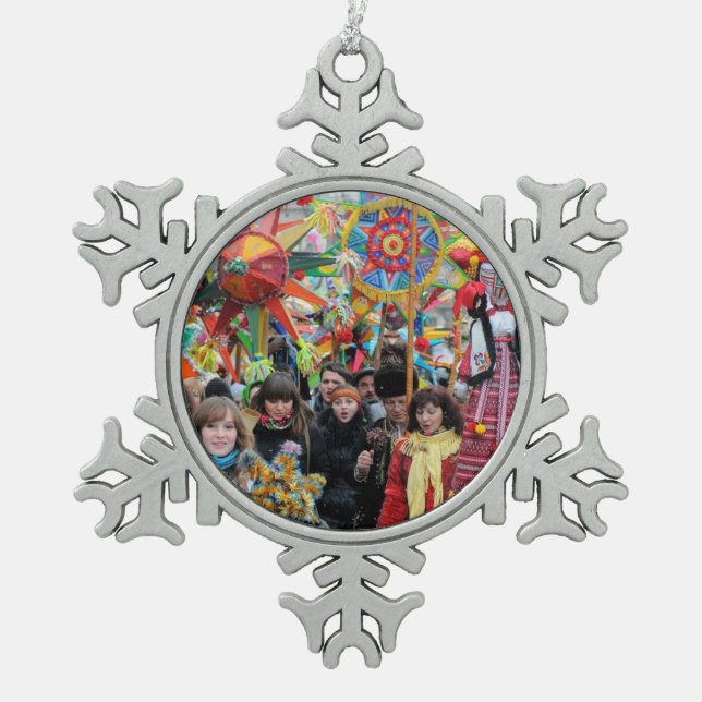 Ukrainian Christmas Carolers Lviv Snowflake Pewter Christmas Ornament (Front)