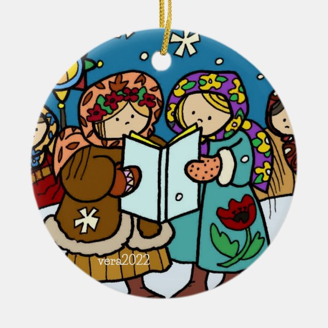 Ukrainian Christmas Carollers Folk Art Ceramic Ornament (Front)