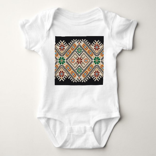 Ukrainian Cross-Stitch: Ethnic Handmade Pattern. Baby Bodysuit (Front)