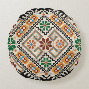 Ukrainian Cross-Stitch: Ethnic Handmade Pattern. Round Cushion