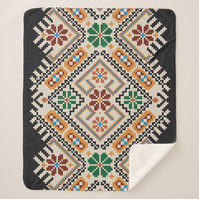 Ukrainian Cross-Stitch: Ethnic Handmade Pattern. Sherpa Blanket (Front)