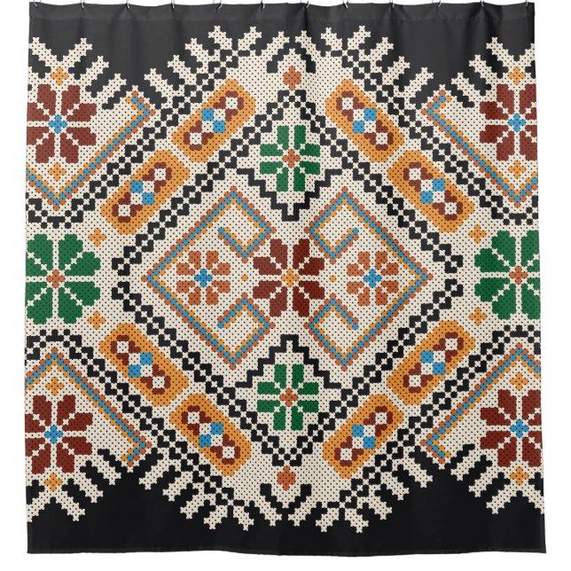 Ukrainian Cross-Stitch: Ethnic Handmade Pattern. Shower Curtain (Front)