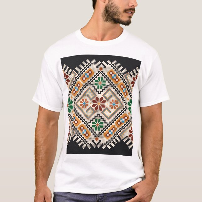 Ukrainian Cross-Stitch: Ethnic Handmade Pattern. T-Shirt (Front)