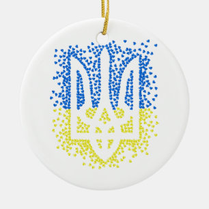 Ukrainian emblem trident tryzub scattering hearts ceramic ornament