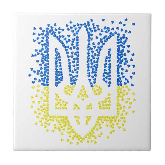 Ukrainian emblem trident tryzub scattering hearts ceramic tile (Front)
