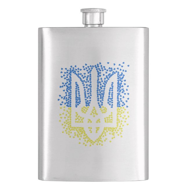 Ukrainian emblem trident tryzub scattering hearts hip flask (Front)