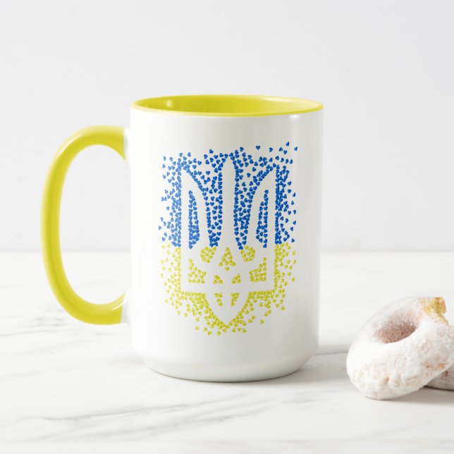 Ukrainian emblem trident tryzub scattering hearts mug (With Donut)