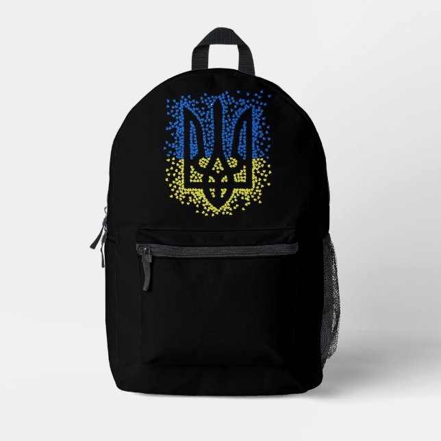 Ukrainian emblem trident tryzub scattering hearts printed backpack (Front)