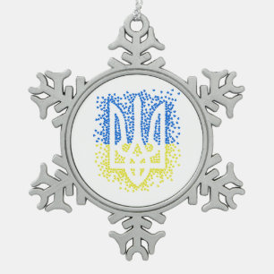 Ukrainian emblem trident tryzub scattering hearts snowflake pewter christmas ornament