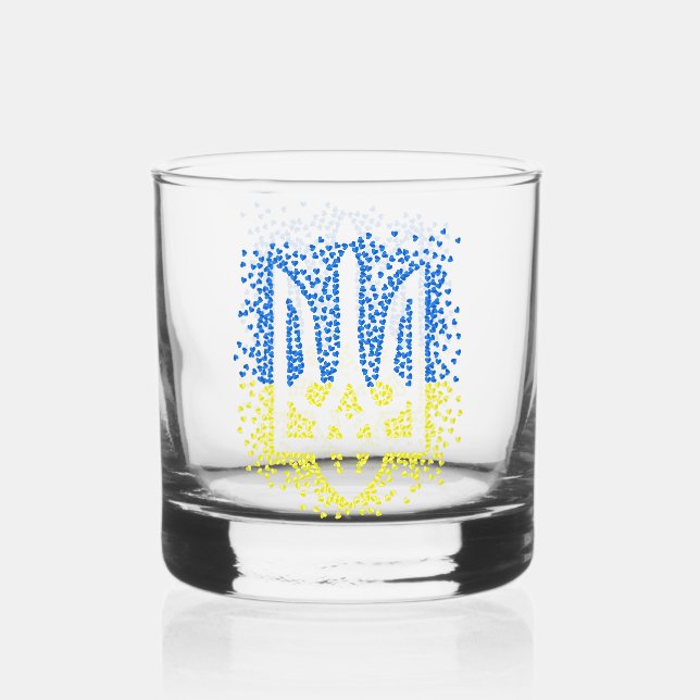 Ukrainian emblem trident tryzub scattering hearts whiskey glass (Front)