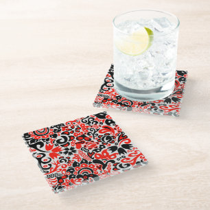 Ukrainian ethnic folk art floral pattern absrtact glass coaster