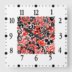 Ukrainian ethnic folk art floral pattern absrtact square wall clock