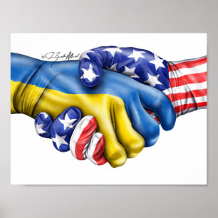 Ukrainian flag and US flag handshake Poster