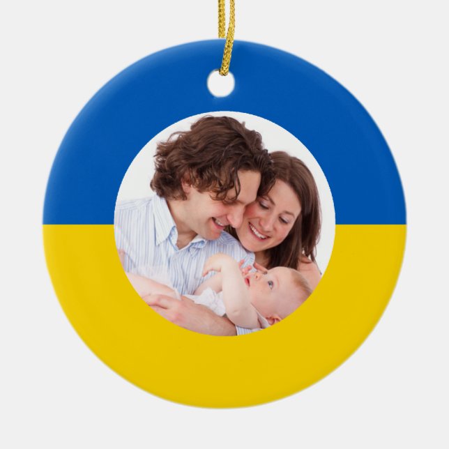 Ukrainian Flag Blue and Yellow Christmas Photo Ceramic Tree Decoration (Front)
