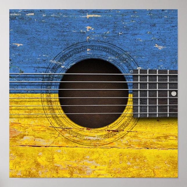 Ukrainian Flag on Old Acoustic Guitar Poster (Front)