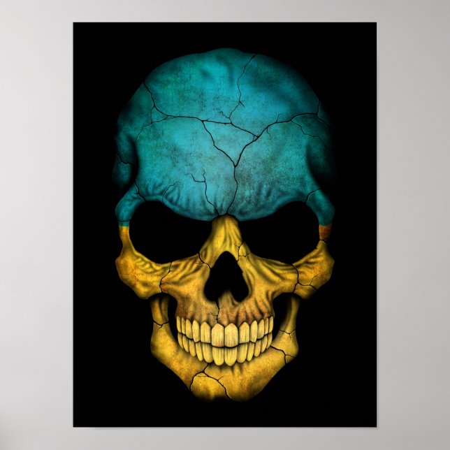 Ukrainian Flag Skull on Black Poster (Front)