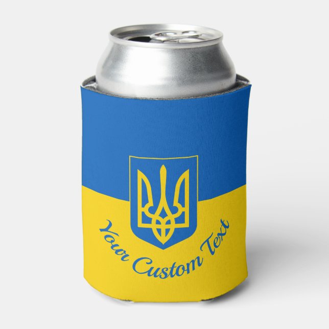 Ukrainian flag with coat of arms and custom text can cooler (Can Front)