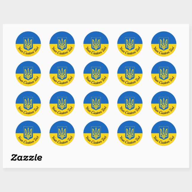 Ukrainian flag with coat of arms and custom text classic round sticker (Sheet)
