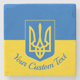 Ukrainian flag with coat of arms and custom text stone coaster