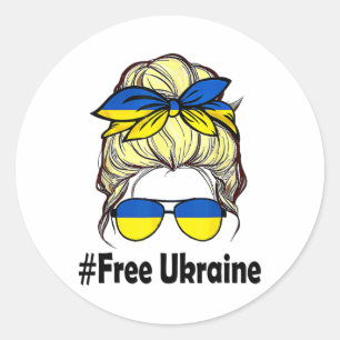 Ukrainian Flag Women Messy Bun Free Ukraine  Classic Round Sticker