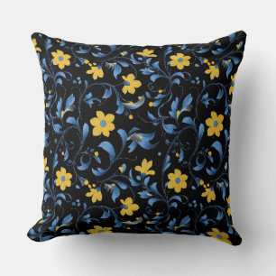 Ukrainian floral folk art motifs. Blue and yellow. Cushion
