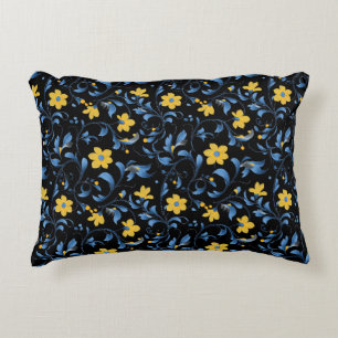 Ukrainian floral folk art motifs. Blue and yellow. Decorative Cushion