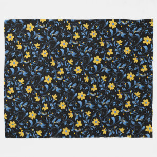 Ukrainian floral folk art motifs. Blue and yellow. Fleece Blanket