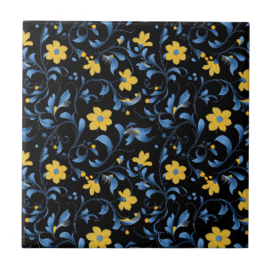 Ukrainian floral folk art motifs ceramic tile