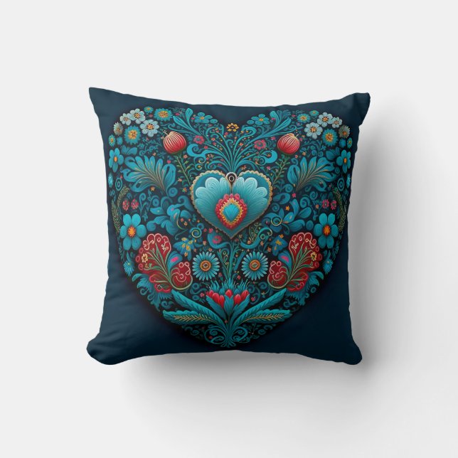 Ukrainian Folk Art - Inspired Heart in Blue Cushion (Front)
